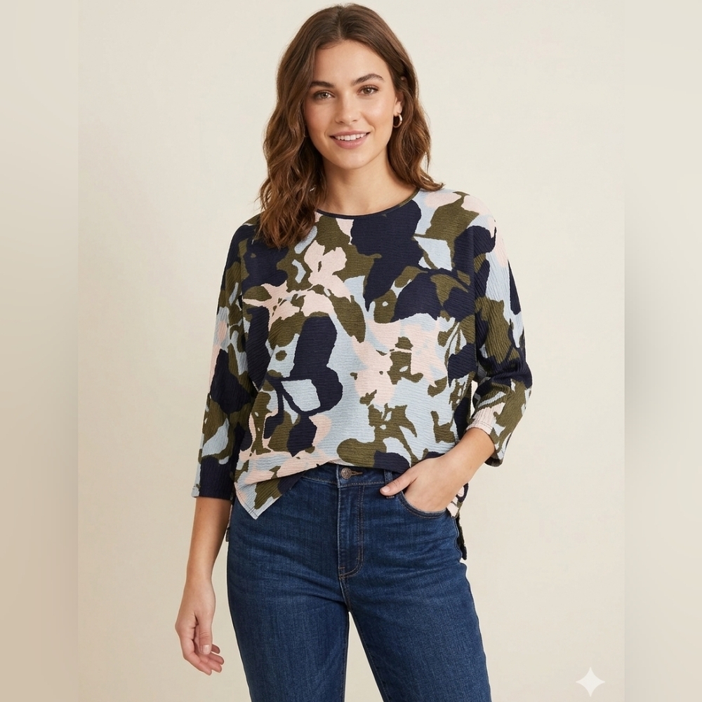 Chico's New Floral Wedge Top 3/4 Sleeve Blue Size Small Summer Business Casual